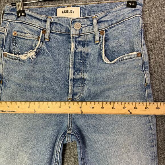 Agolde Riley Long Jeans Distressed Raw Hem Cove Light Wash Size 23 - Picture 7 of 11
